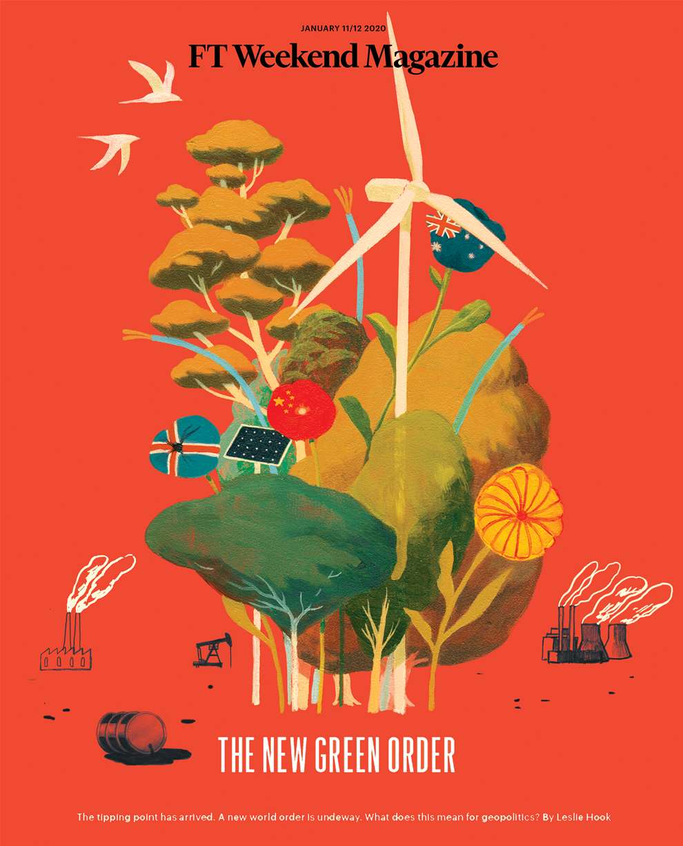 David De Las Heras, Handmade, painterly style of FT cover exploring the New Green Order. Combination of wildlife and renewable energy. 